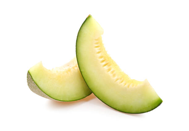 istock Cantaloupe melon slices isolated on white background. 1370471934