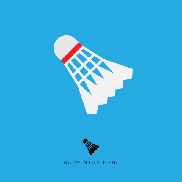 Flat icon. Badminton game. White shuttlecock badminton on a blue background Emblem for business, sport, game icon, online communication, web application. badminton stock illustrations
