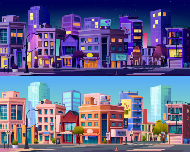 Skyline with town buildings and district, buildings and apartments, business center and downtown set. Vector cityscape during daytime and night, streets and landmarks, evening and morning architecture vector art illustration