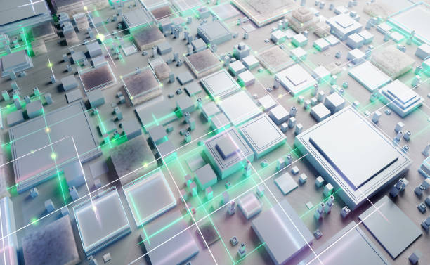 istock Electronic circuit board close up, computer chip, mother board with neon lights, 3D rendering illustration. 1370474425