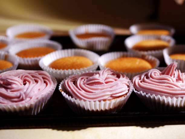 Home baked cupcake decorated with pink frosting medium shot selective focus