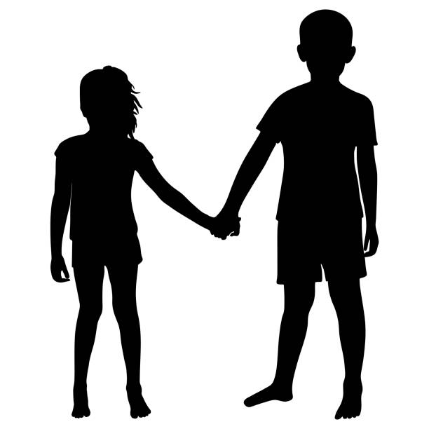 ilustraciones, imágenes clip art, dibujos animados e iconos de stock de silueta de niño y niña tomados de la mano. ilustración vectorial - silhouette back lit little boys child