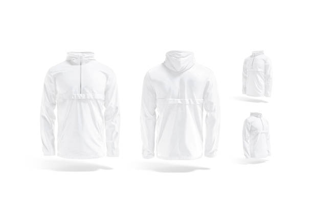 Blank white windbreaker mockup, different views set Blank white windbreaker mockup, different views, 3d rendering. Empty half-zip waterproof outwear for ski sport mock up, isolated. Clear nylon cloak with hood or windbreak template. wind shelter stock pictures, royalty-free photos & images