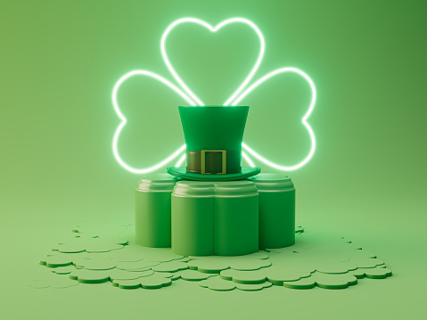 A lephrechaun hat ontop of a green stage in the shape of a shamrock with an illuminated neon clover sign behind it - 3D render