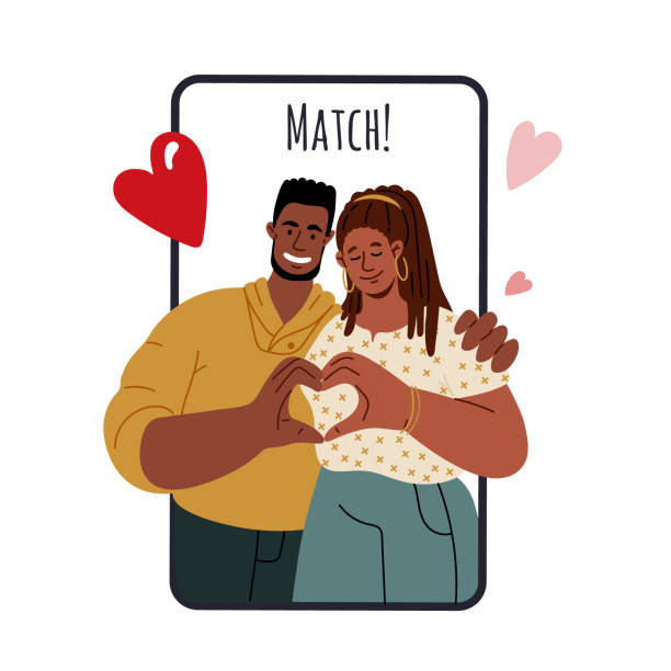 ilustraciones, imágenes clip art, dibujos animados e iconos de stock de pareja africana americana haciendo corazón con los dedos. encontrar el amor con la aplicación - love romance cartoon heterosexual couple