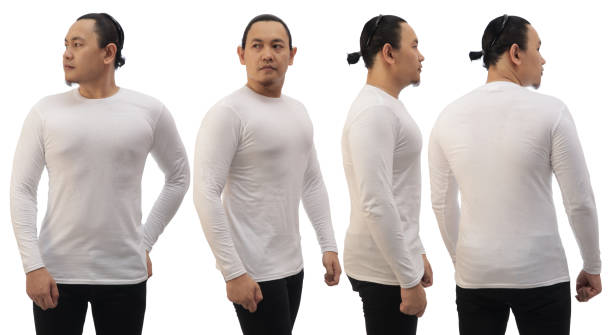 istock Blank long sleeved shirt mock up template, front side and back view, Asian man wear plain white t-shirt isolated. Tee design mockup presentation 1370480575