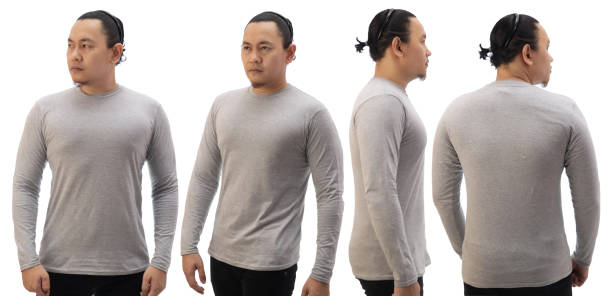 istock Blank long sleeved shirt mock up template, front side and back view, Asian man wear plain grey t-shirt isolated on white. Tee design mockup presentation 1370480615