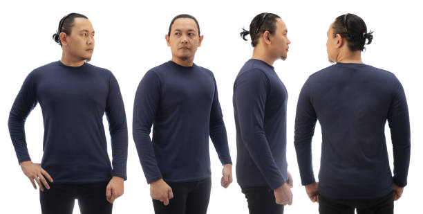 istock Blank long sleeved shirt mock up template, front side and back view, Asian man wear plain dark navy blue t-shirt isolated on white. Tee design mockup presentation 1370480650