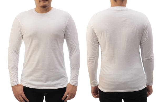 istock Blank long sleeved shirt mock up template, front and back view, Asian man wear plain white t-shirt isolated. Tee design mockup presentation 1370480673