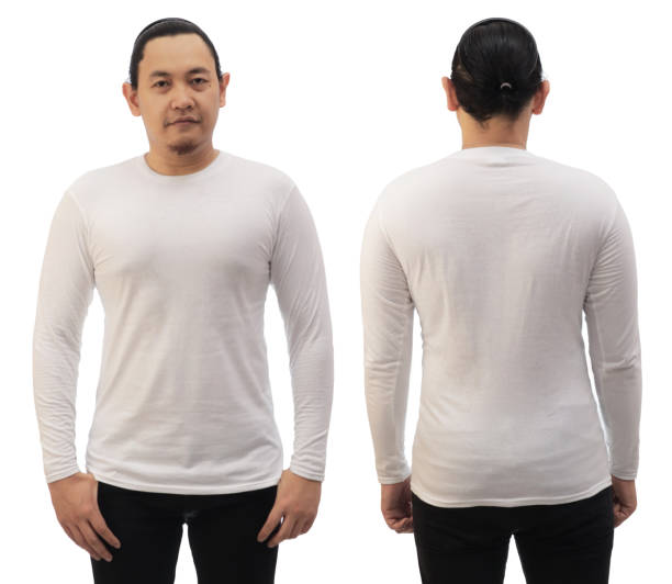 istock Blank long sleeved shirt mock up template, front and back view, Asian man wear plain white t-shirt isolated. Tee design mockup presentation 1370480703