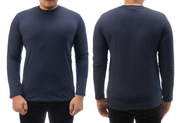 Blank long sleeved shirt mock up template, front and back view, Asian man wear plain dark navy blue t-shirt isolated on white. Tee design mockup presentation