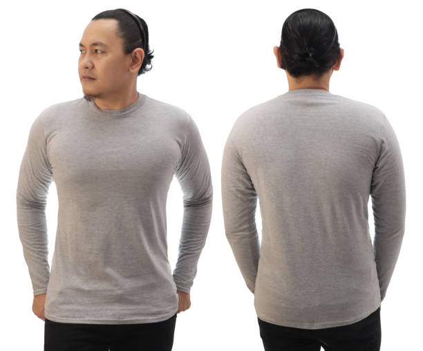 istock Blank long sleeved shirt mock up template, front and back view, Asian man wear plain grey t-shirt isolated on white. Tee design mockup presentation 1370480776