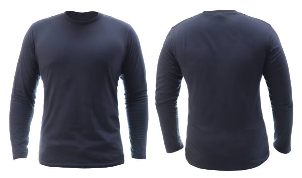 Blank long sleeved shirt mock up template, front and back view, plain dark navy blue t-shirt isolated on white.Tee design mockup presentation Blank long sleeved shirt mock up template, front and back view, plain dark navy blue t-shirt isolated on white. Tee design mockup presentation for print long sleeved stock pictures, royalty-free photos & images
