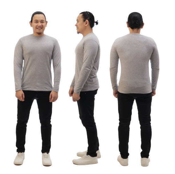 istock Blank collared shirt mock up template, front side and back view, Asian male model wearing plain grey long sleeved t-shirt isolated on white. Polo tee design mockup presentation 1370480962