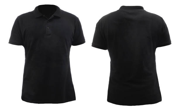 istock Blank collared shirt mock up template, front and back view, plain black t-shirt isolated on white 1370480989