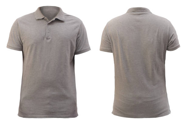Blank collared shirt mock up template, front and back view, plain grey t-shirt isolated on white. Polo tee design mockup