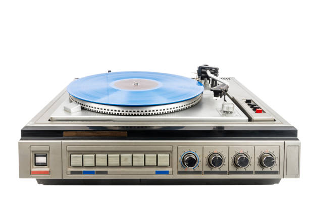istock Vintage turntable record player with blue vinyl 1370481025