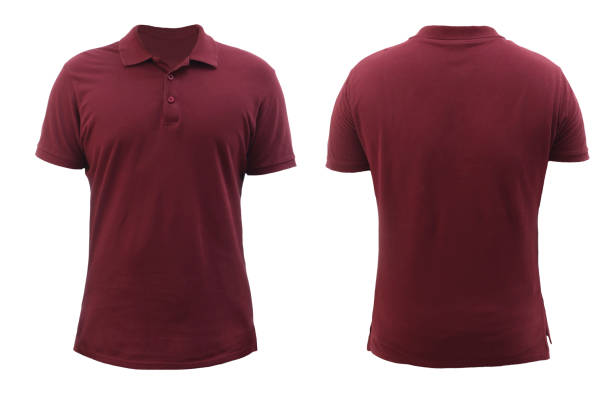 빈 칼라 셔츠는 템플릿, 전면 및 뒷면 보기, 흰색에 고립 된 일반 적갈색 빨간 티셔츠를 모의. 폴로 티 디자인 모형 프리젠 테이션 - polo shirt 뉴스 사진 이미지