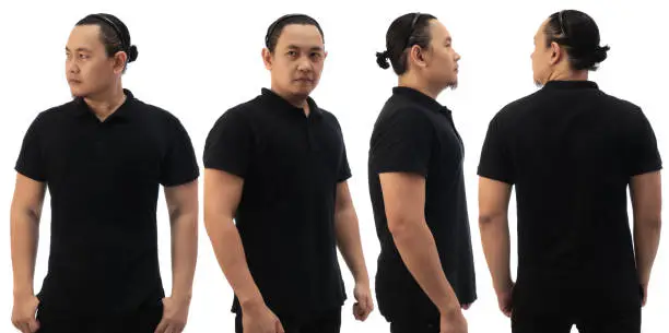 Blank collared shirt mock up template, front side and back view, Asian male model wearing plain black t-shirt isolated on white. Polo tee design mockup presentation for print