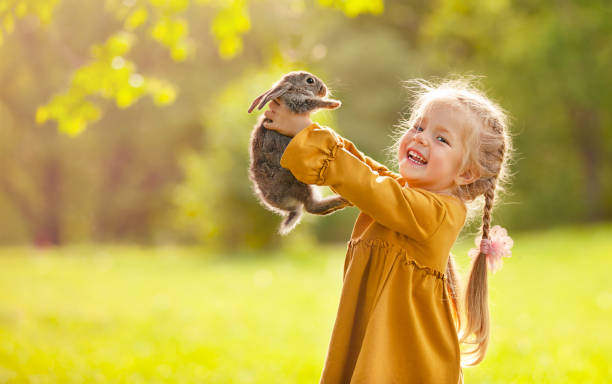 la fille et un petit lapin - child little girls smiling autumn photos et images de collection