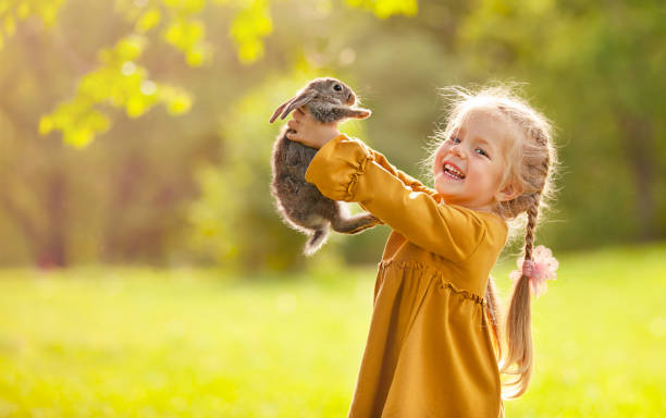 女の子と小さなウサギ - child little girls smiling autumn ストックフォトと画像