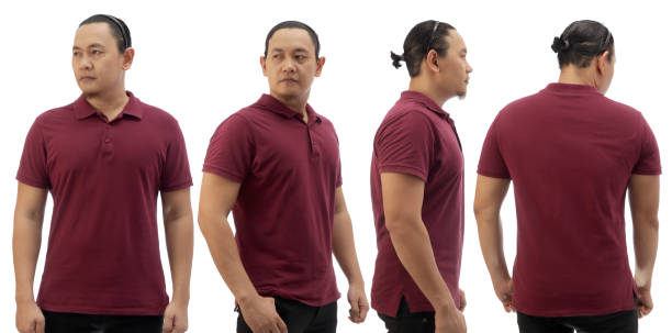 istock Blank collared shirt mock up template, front and back view, Asian male model wearing plain maroon red t-shirt isolated on white. Polo tee design mockup presentation 1370481122