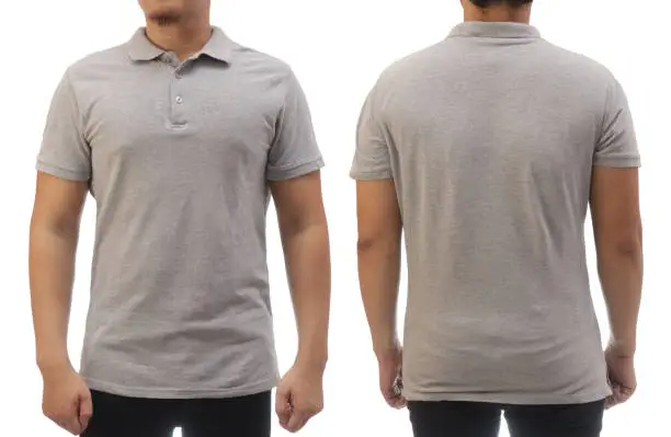 Photo of Blank collared shirt mock up template, front and back view, Asian male model wearing plain greys t-shirt isolated on white. Polo tee design mockup presentation