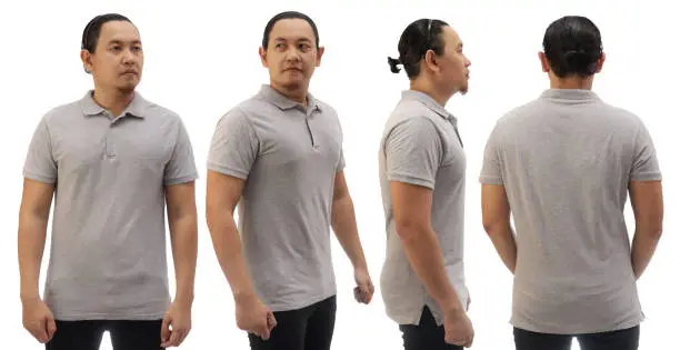 Photo of Blank collared shirt mock up template, front and back view, Asian male model wearing plain greys t-shirt isolated on white. Polo tee design mockup presentation