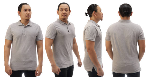 blank collared shirt mock up template, front and back view, asian male model wearing plain greys t-shirt isolated on white. polo tee design mockup presentation - gray shirt imagens e fotografias de stock