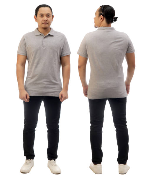 istock Blank collared shirt mock up template, front and back view, Asian male model wearing plain grey t-shirt isolated on white. Full body portrait. Polo tee design mockup presentation 1370481349
