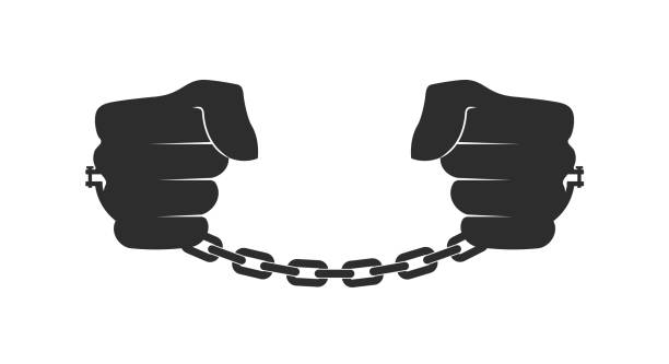 Black male hands in shackles. Slavery concept. Flat vector illustration isolated on white Black male hands in shackles. Slavery concept. Black person in bondage. Abolitionism. Flat vector illustration isolated on white background. slavery stock illustrations