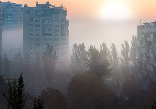 KIEV, UKRAINE - OCT 19, 2018: Morning fog in the municipal district of Kiev, Ukraine