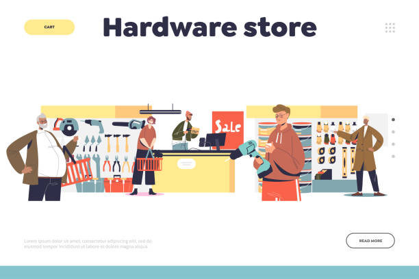 Hardware store concept of landing page with people buying tools for renovation, construction and maintenance Hardware store concept of landing page with people buying tools for renovation, construction and maintenance work. Tools shop with clients inside. Cartoon flat vector illustration hardware store stock illustrations