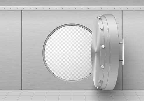 Open stainless door metallic bank vault on transparent background realistic vector illustration. Heavy circle entrance at banking financial safe money, gold treasure storage. Protective security room