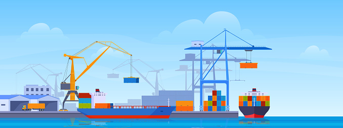 Sea port horizontal banner vector flat industrial cargo ships and containers work with crane