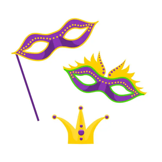Vector illustration of Carnival masks and crown in cartoon style