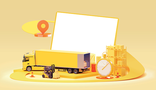 Vector logistic and supply chain illustration. Forklift loading semi-truck trailer, warehouse pallet racking, laptop with blank screen and stopwatch, delivery route planning