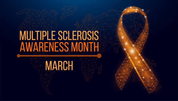 ilustrações de stock, clip art, desenhos animados e ícones de multiple sclerosis awareness month concept. banner template with glowing low poly orange ribbon. wireframe modern abstract background. vector illustration - esclerose múltipla