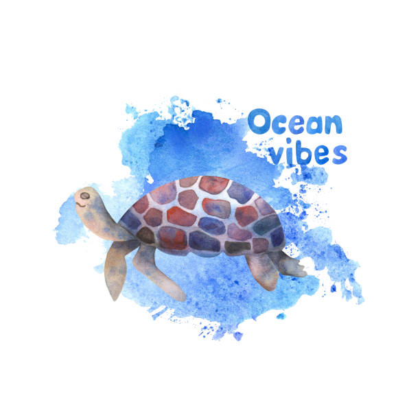 istock Ocean vibes watercolor poster with hand painted sea turtle and blue splash 1370488516