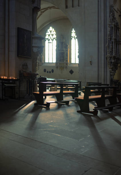 istock Church stained-glass window with sunlight shining through 1370488539