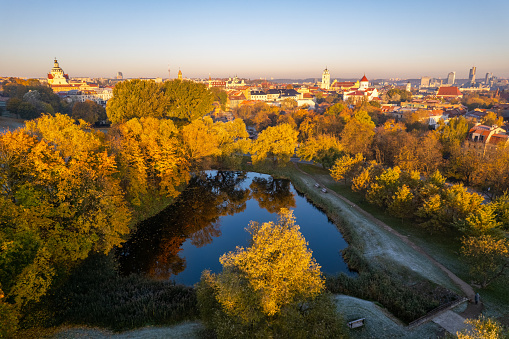 Aerial autumn fall sunrise view of Vilnius old town, Lithuania