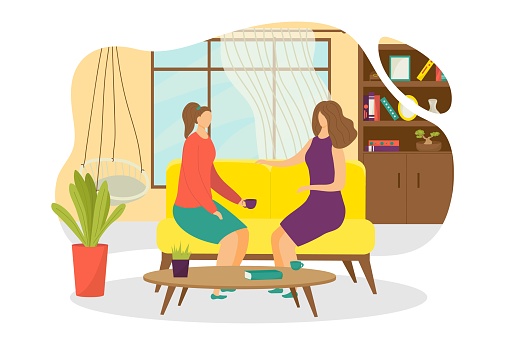 Flat people drink tea at home, vector illustration. Woman friends character with coffee cup, sitting at sofa, have conversation. Female person together at apartment, communication indoor.