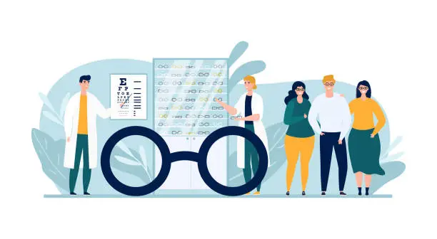 Vector illustration of Optic store with glasses, vector illustration. Man woman people character at eye examination, buying eyeglasses in ophthalmology shop.