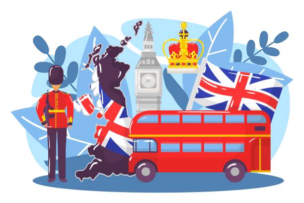 Great britain country research concept, world european london stereotype big ben, monarchy flat vector illustration, isolated on white. Great britain country research concept, world european london stereotype big ben, monarchy flat vector illustration, isolated on white. Travel lovely misty albion place, set landmark attraction. London Memorabilia stock illustrations