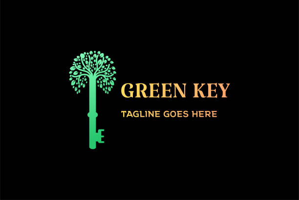 ilustrações, clipart, desenhos animados e ícones de chave com vetor de design de logotipo da planta de árvore de folha verde - garden key