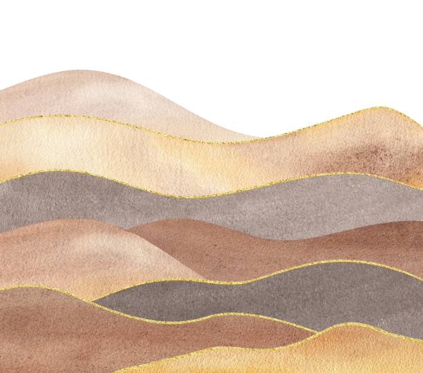 ilustrações, clipart, desenhos animados e ícones de formas de aquarela de silhueta ondulada da montanha, fundo texturizado de papel com tons de sépia, amarelo, ouro e marrom - imagem tonalizada
