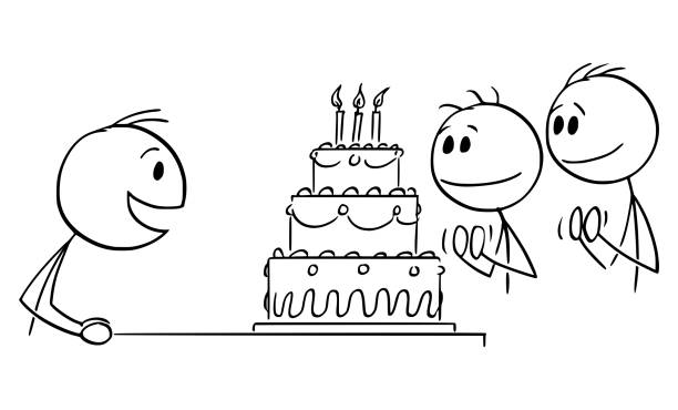 생일 축하와 케이크를 즐기는 사람, 벡터 만화 스틱 그림 일러스트레이션 - birthday cake cake birthday homemade stock illustrations