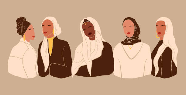 ilustraciones, imágenes clip art, dibujos animados e iconos de stock de establece mujeres abstractas sin rostro con hiyab en un estilo minimalista moderno. colección de diversidad de niñas musulmanas. ilustración vectorial de moda - middle eastern ethnicity illustrations