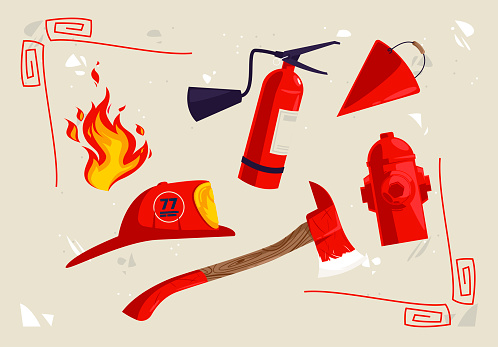 vector illustration of a group of fire-themed objects, hydrant, fireman's helmet, fireman's axe, fire symbol, fire extinguisher