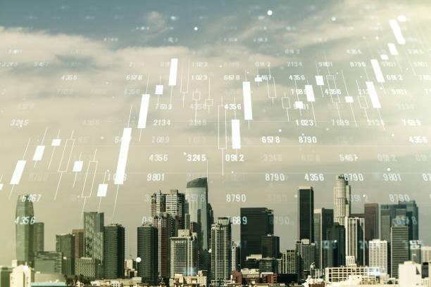 istock Abstract virtual stats data hologram on Los Angeles skyline background. Multiexposure 1370496452